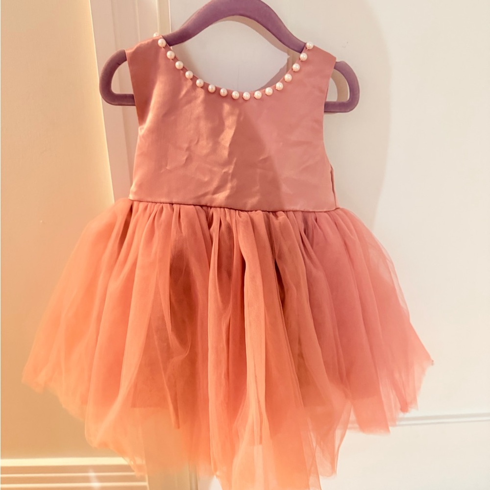 Peach Tulle Dress with Pearl Accents
